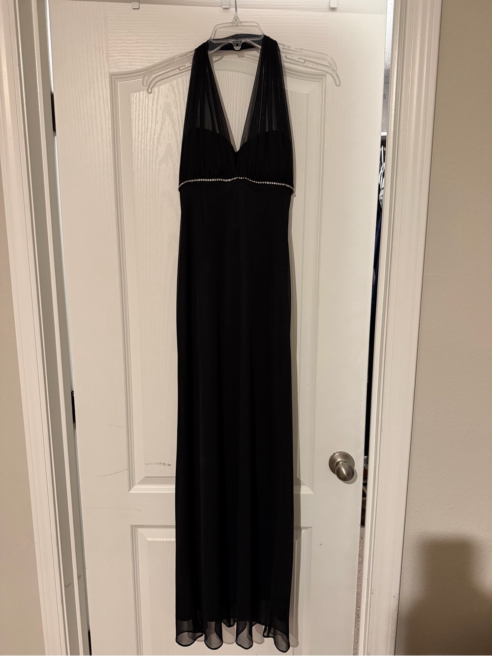Betsy & Adam Black Halter Maxi Evening Gown with Rhinestone Trim